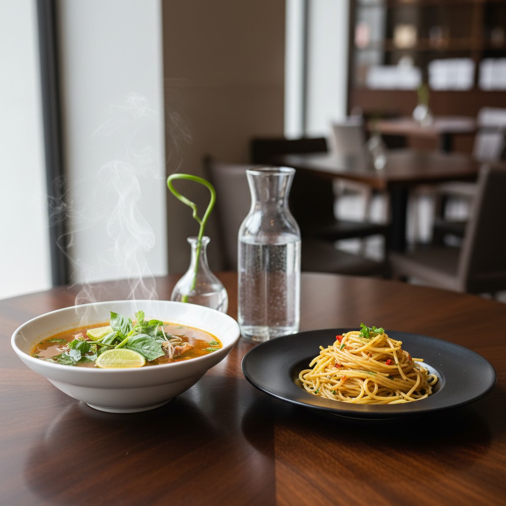 A steaming bowl of broth with herbs and lime sits alongside a plate of pasta and a glass carafe on a wooden table.